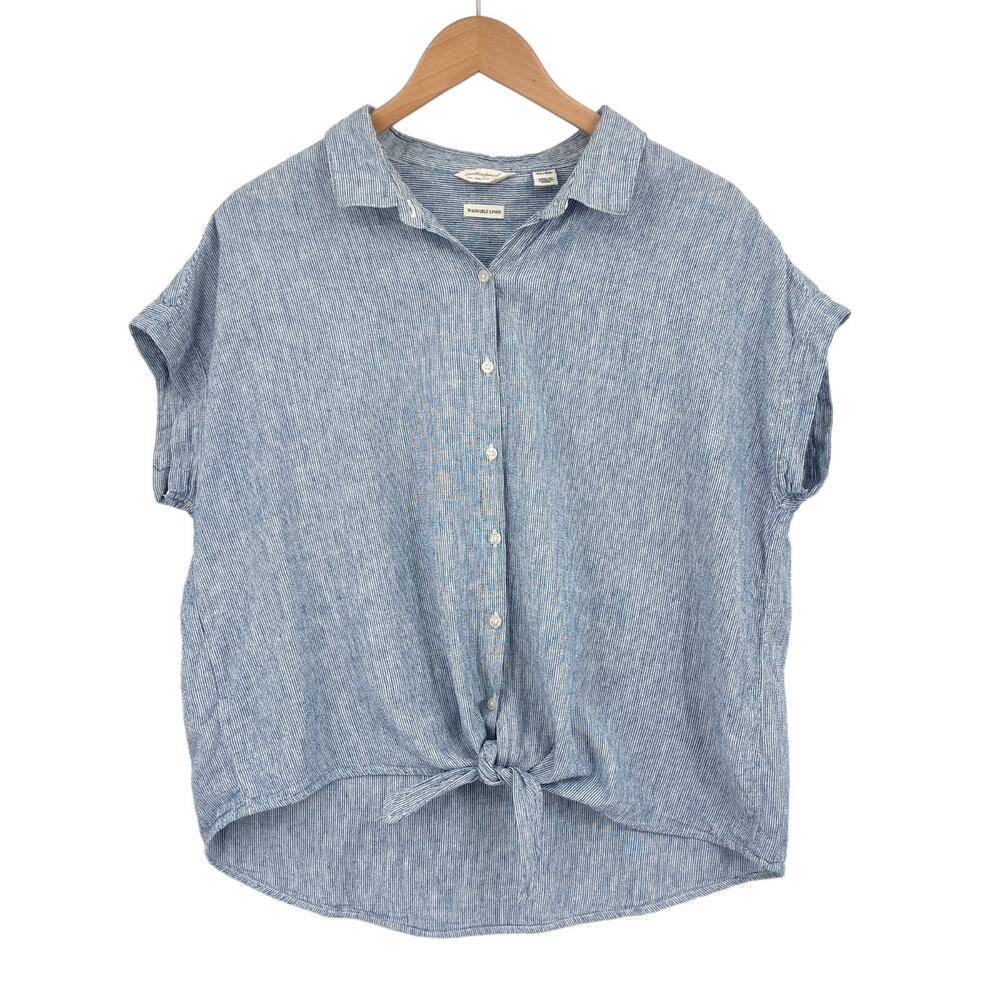 Vintage Weatherproof Linen Shirt Women XL Blue Striped Button Front Tie Hem